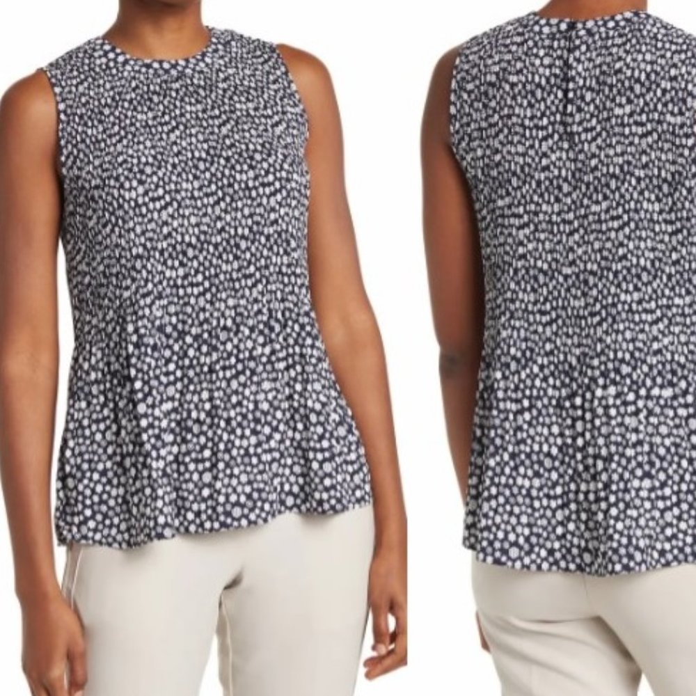 Adrianna Papell Navy/Ivory Round Neck Floral Pleated Sleeveless Blouse SZ M NWT